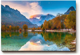 Sinus Art Wandbild 120x80cm Bunt gefärbter Herbstwald am See mit Spiegelung vor alpiner Kulisse für harmonische Raumwirkung