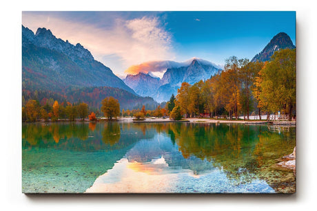 Sinus Art Wandbild 120x80cm Bunt gefärbter Herbstwald am See mit Spiegelung vor alpiner Kulisse für harmonische Raumwirkung