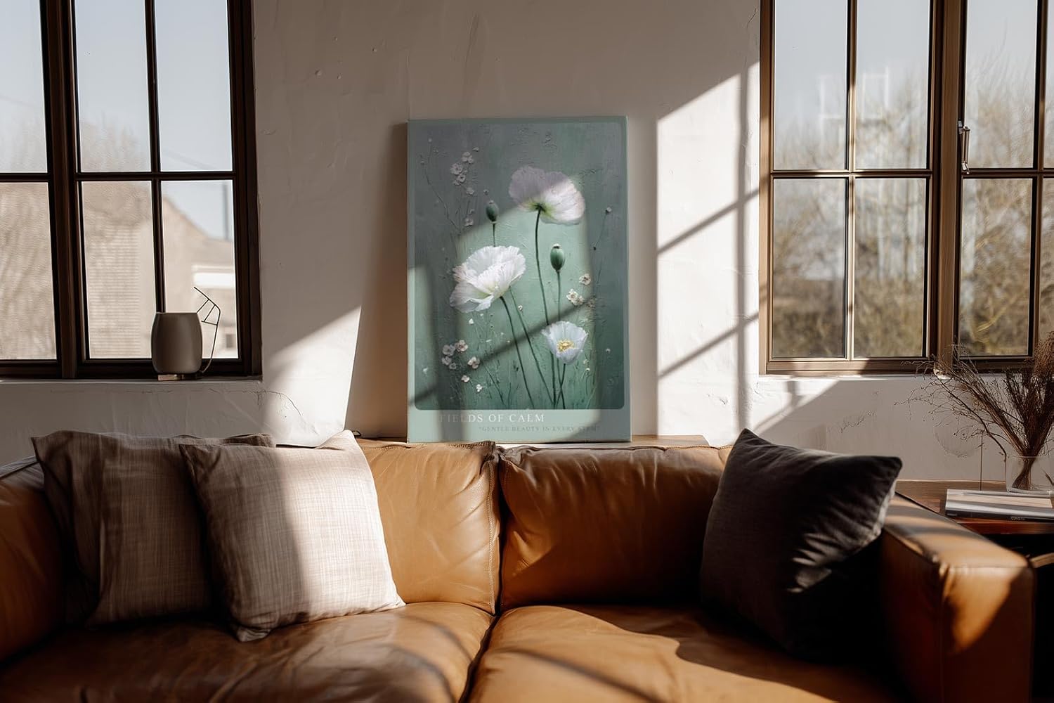 Paul Sinus Wandbild in 40x60cm Fields of Calm – weiße Mohnblumen auf zartgrünem Hintergrund, sanfte florale Kunst mit eleganter Textur