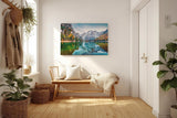 Sinus Art Wandbild 120x80cm Bunt gefärbte Herbstbäume spiegeln sich im ruhigen Bergsee vor alpiner Kulisse