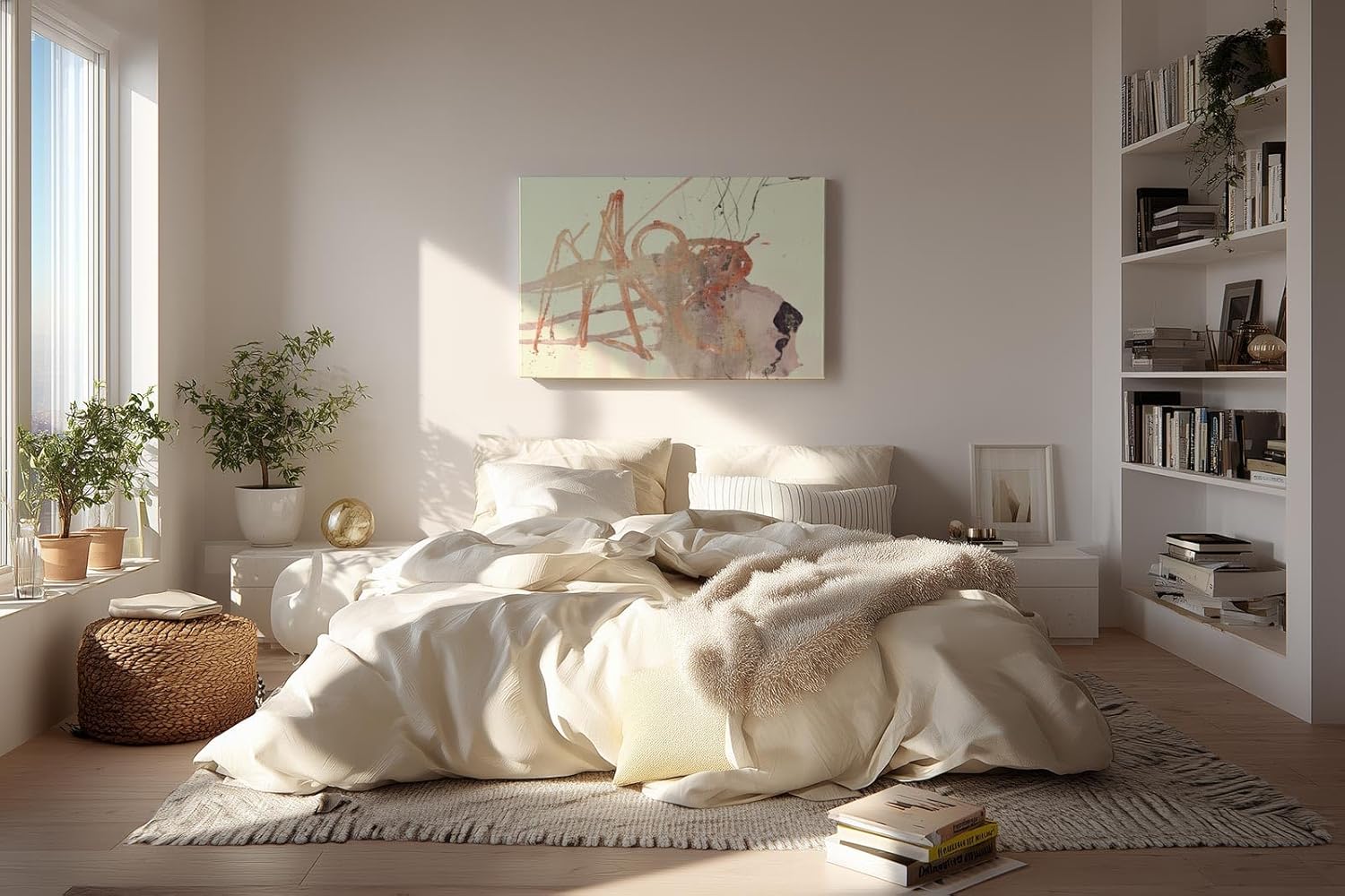 Sinus Art Wandbild 120x80cm Abstrakte Formen in sanftem Rot, Beige und Grau mit skizzenhaften Linien