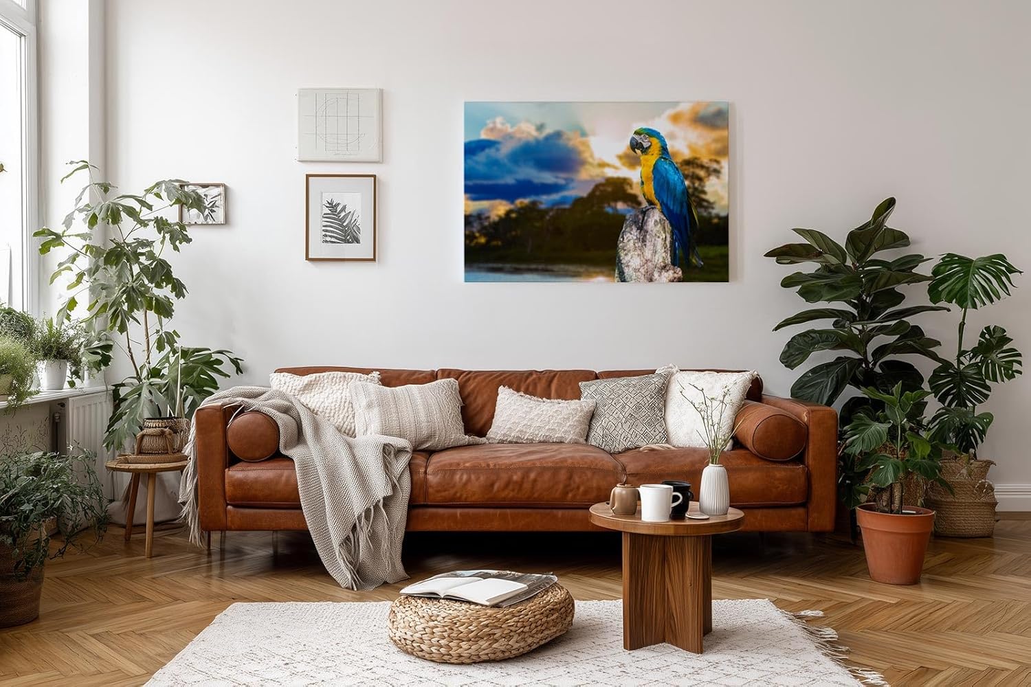 Sinus Art Wandbild 120x80cm Farbenfroher Ara auf Baumstamm mit stimmungsvoller Himmelsszenerie in der Natur