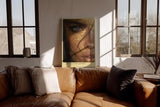 Paul Sinus Wandbild in 40x60cm The Golden Secret – Intensives Porträt mit goldener Blattoptik und blauem Auge in Nahaufnahme