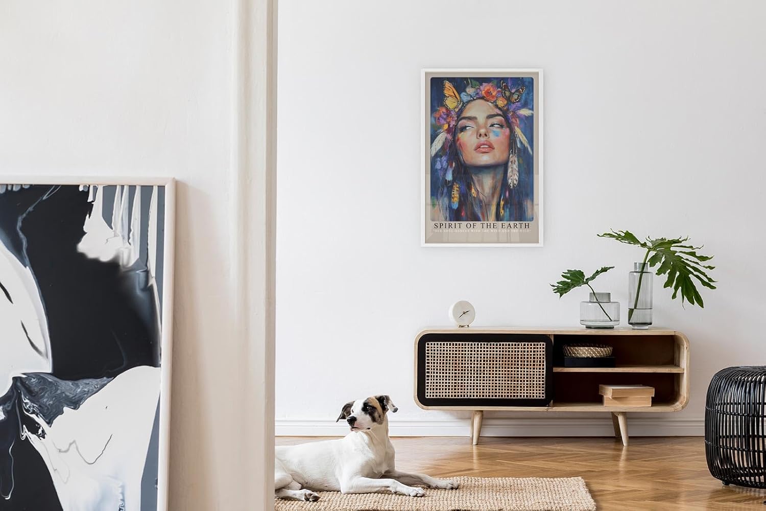 Paul Sinus Leinwandbild 40x60cm Geist der Erde – Ausdrucksstarkes Porträt mit Blumen, Schmetterlingen und federleichtem Boho-Stil