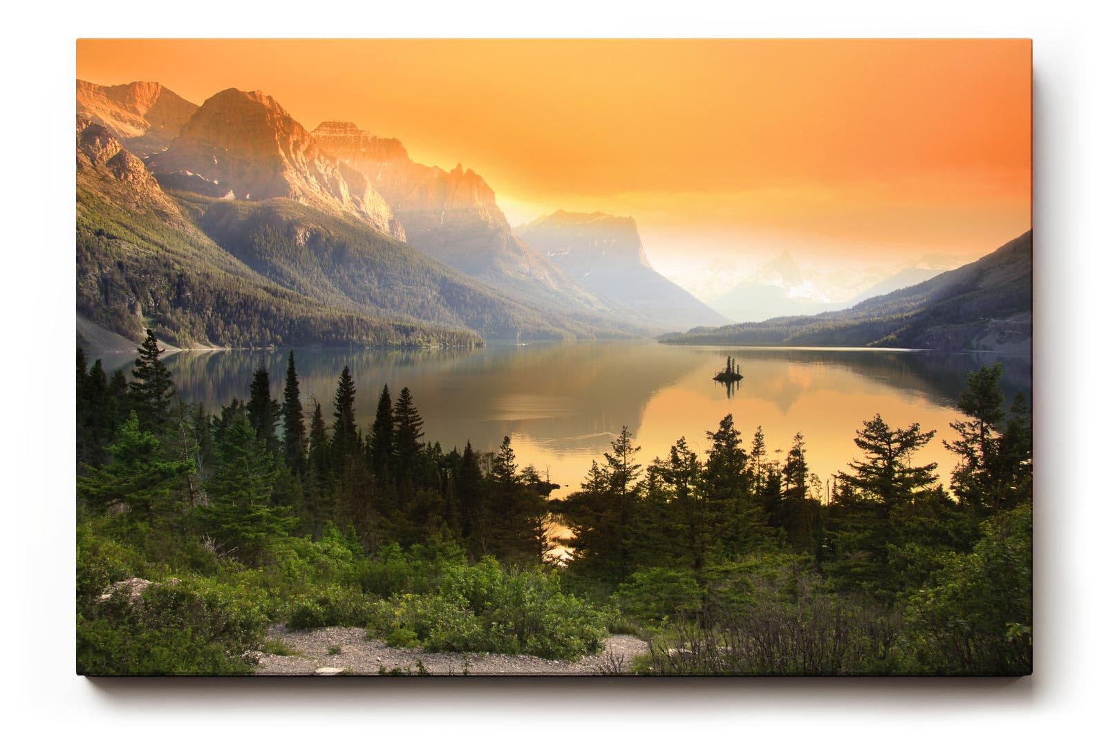 Sinus Art Wandbild 120x80cm Malerische Berglandschaft mit Sonnenuntergang und reflektierendem See