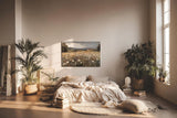 Sinus Art Wandbild 120x80cm Sanftes Naturmotiv mit blühender Wiese, Wildblumen und Bauernhof in weiter Hügellandschaft