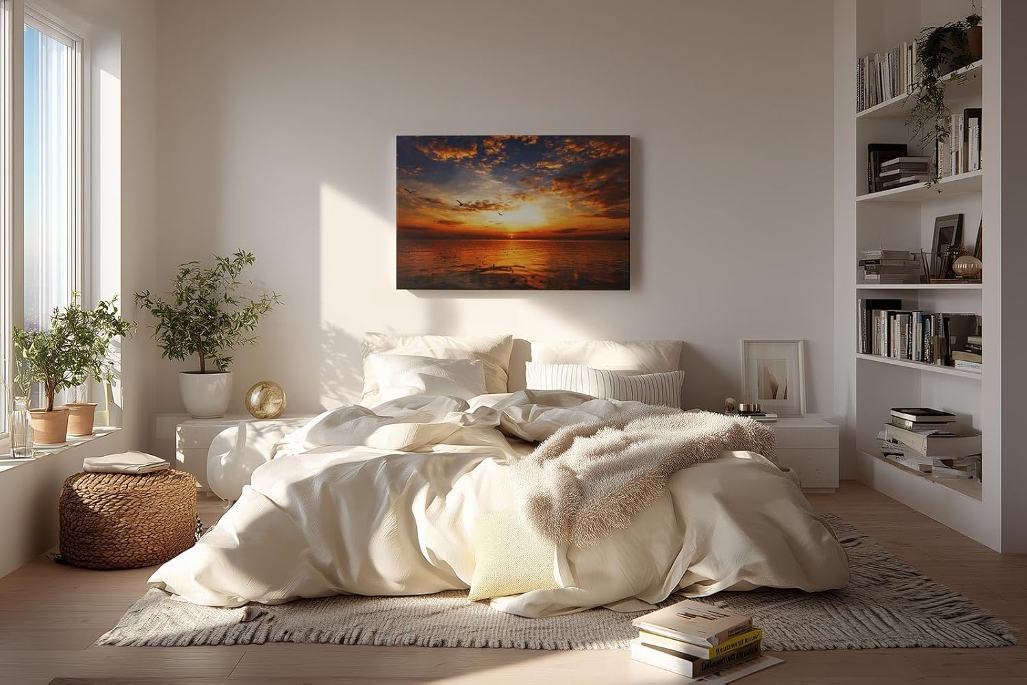 Sinus Art Wandbild 120x80cm Imposanter Sonnenuntergang mit Spiegelungen auf der Wasseroberfläche und fliegenden Vögeln
