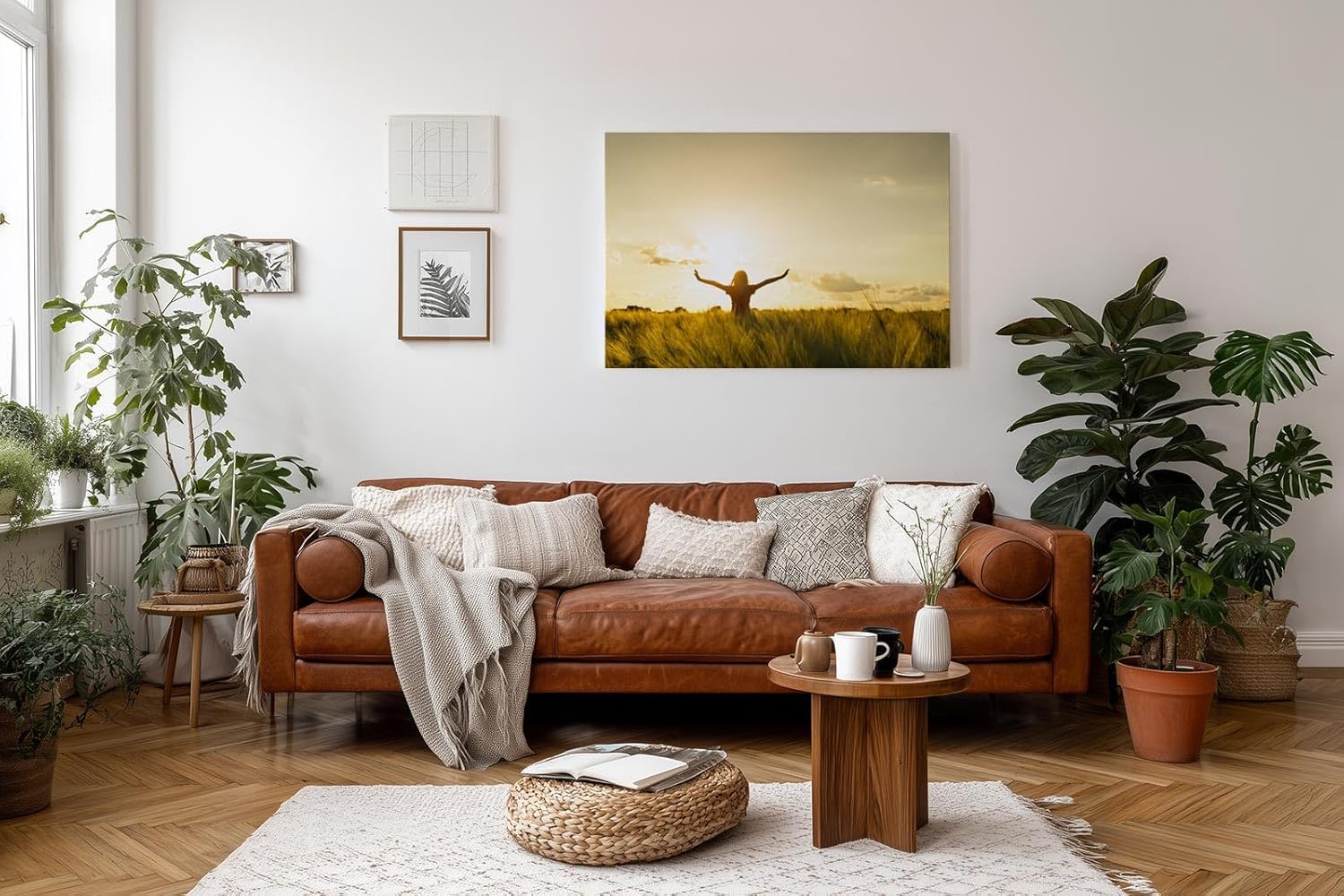 Sinus Art Wandbild 120x80cm Stimmungsvolle Silhouette einer Frau mit erhobenen Armen in einem goldenen Weizenfeld