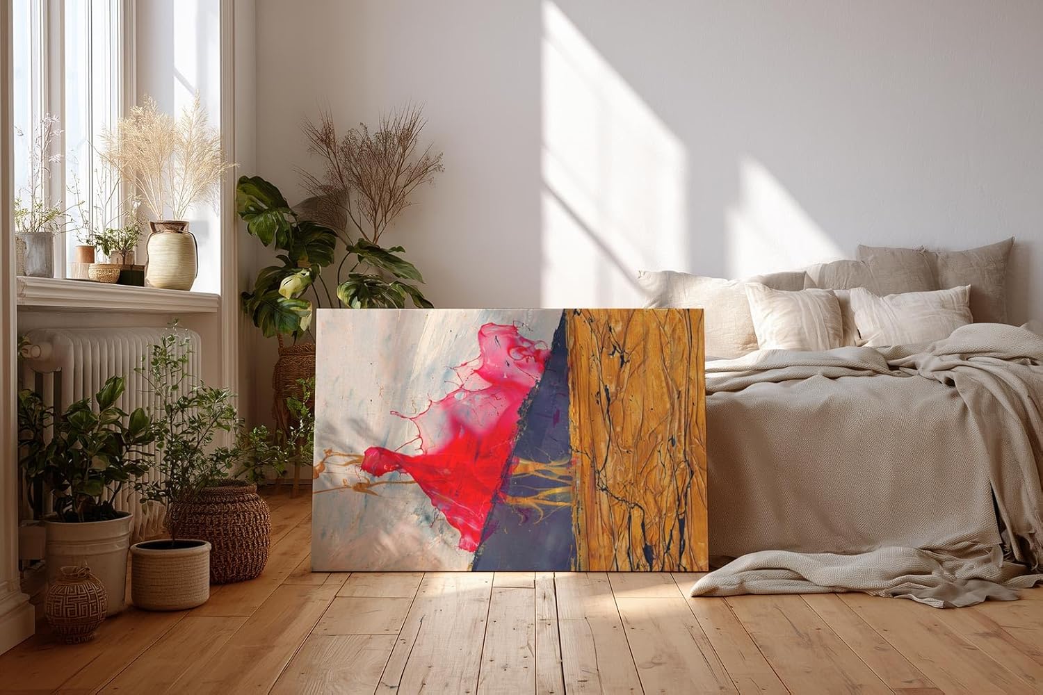 Sinus Art Wandbild 120x80cm Dynamische Farbflächen in Rot, Schwarz und Gold mit fließenden Übergängen