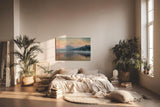 Sinus Art Wandbild 120x80cm Sanfter Nebel schwebt über dem stillen Wasser vor bewaldeter Uferlinie