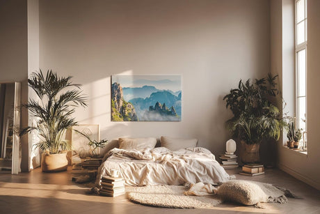 Sinus Art Wandbild 120x80cm Zerklüftete Bergformationen im Nebelmeer für eine ruhige und geheimnisvolle Raumwirkung