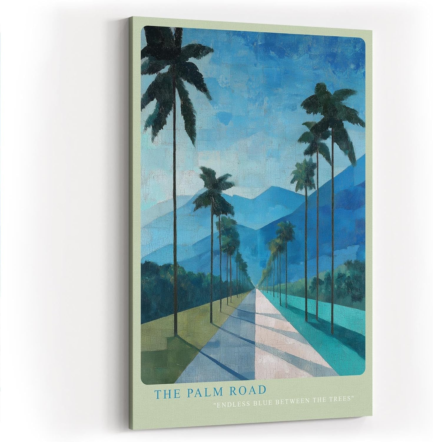 Paul Sinus Wandbild in 40x60cm The Palm Road mit malerischen Palmen und blauem Gebirgsblick in endloser Tiefe für stilvolle Raumgestaltung