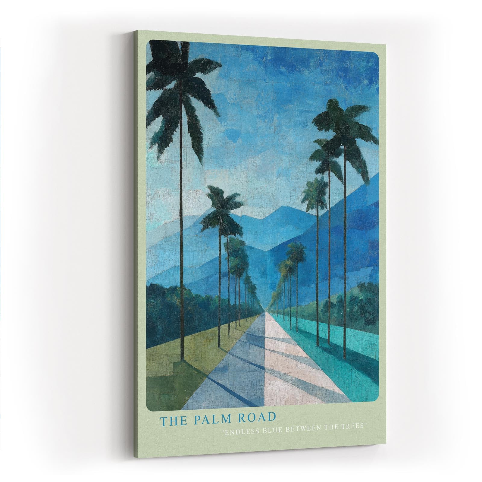 Paul Sinus Wandbild in 40x60cm The Palm Road mit malerischen Palmen und blauem Gebirgsblick in endloser Tiefe für stilvolle Raumgestaltung