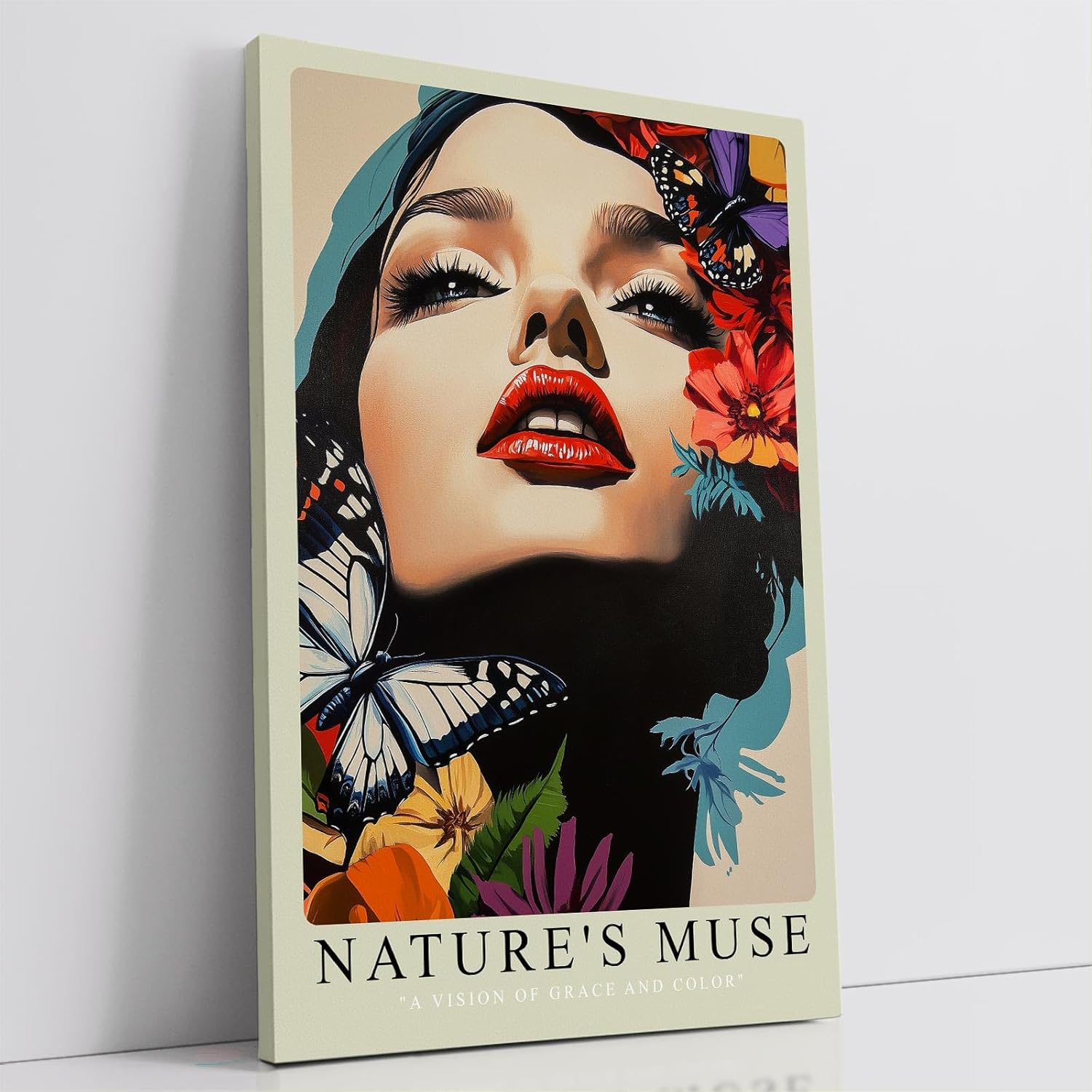 Paul Sinus Leinwandbild 40x60cm Leinwandbild Natur-Muse – Ausdrucksstarkes Porträt mit floralen Akzenten und Schmetterlingen, harmonische Farbkombination