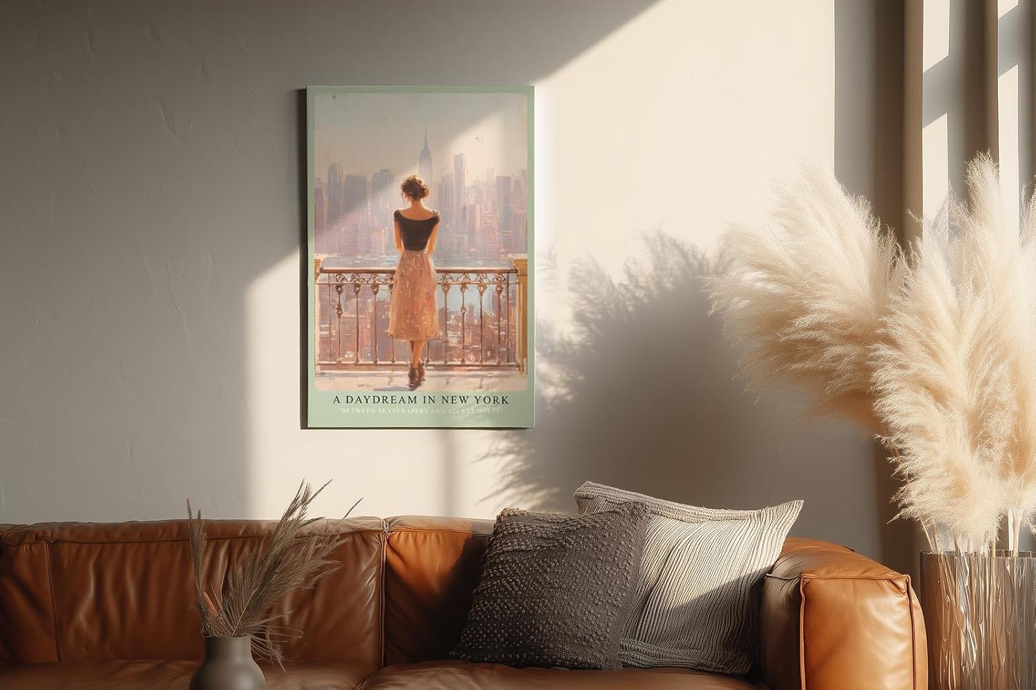 Paul Sinus Wandbild in 40x60cm A Daydream in New York – Frau auf Balkon mit Blick auf Skyline im sanften Licht, romantisches Stadtmotiv