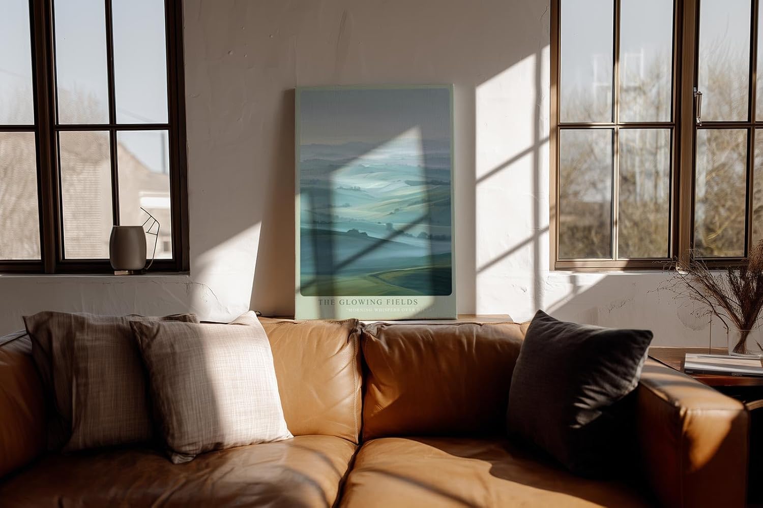 Paul Sinus Wandbild in 40x60cm The Glowing Fields – stimmungsvolle Hügellandschaft im Morgenlicht für warme und einladende Raumgestaltung
