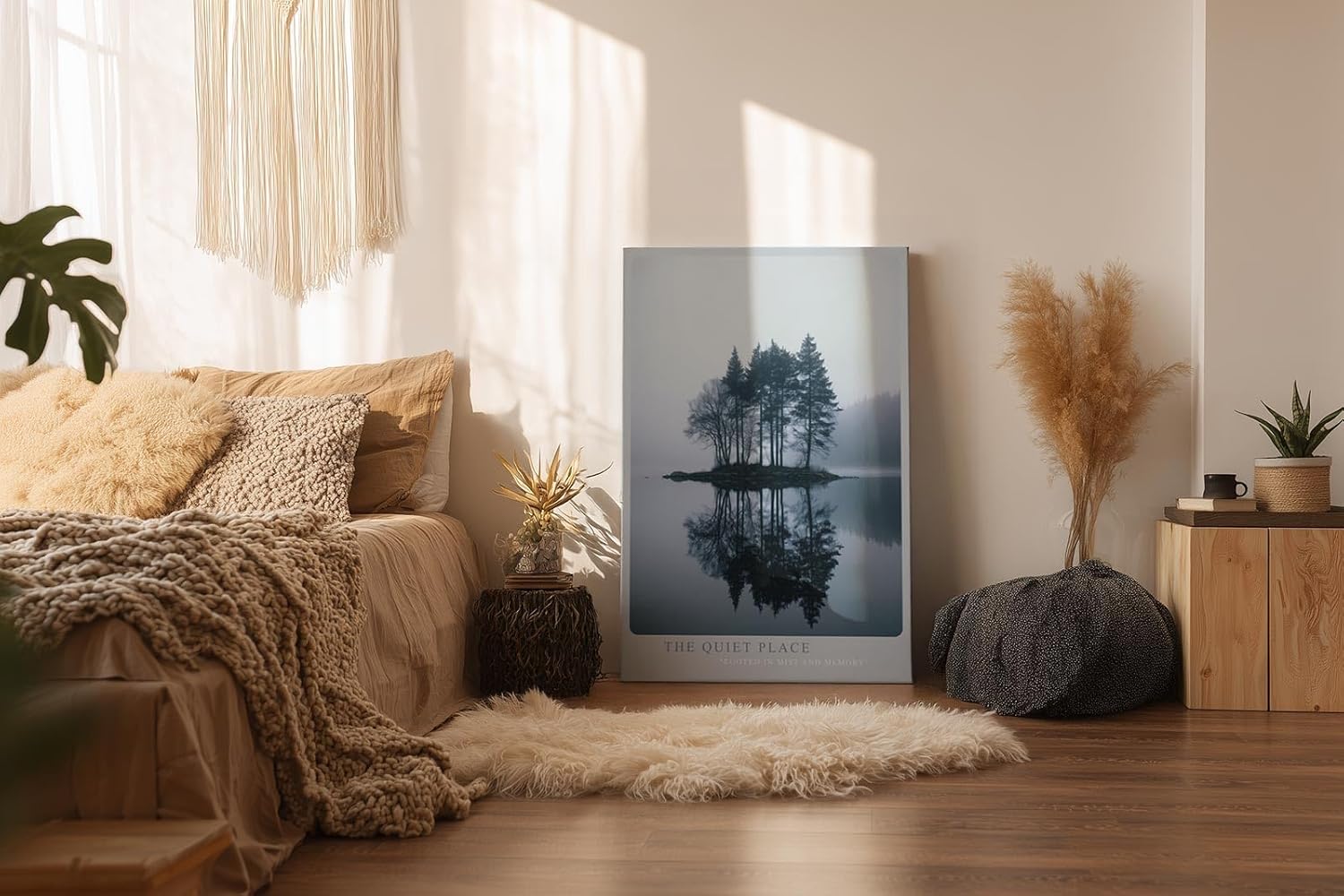Paul Sinus Wandbild in 40x60cm The Quiet Place – Nebelige Bauminsel mit Spiegelung im See, beruhigendes Naturmotiv in sanften Blautönen