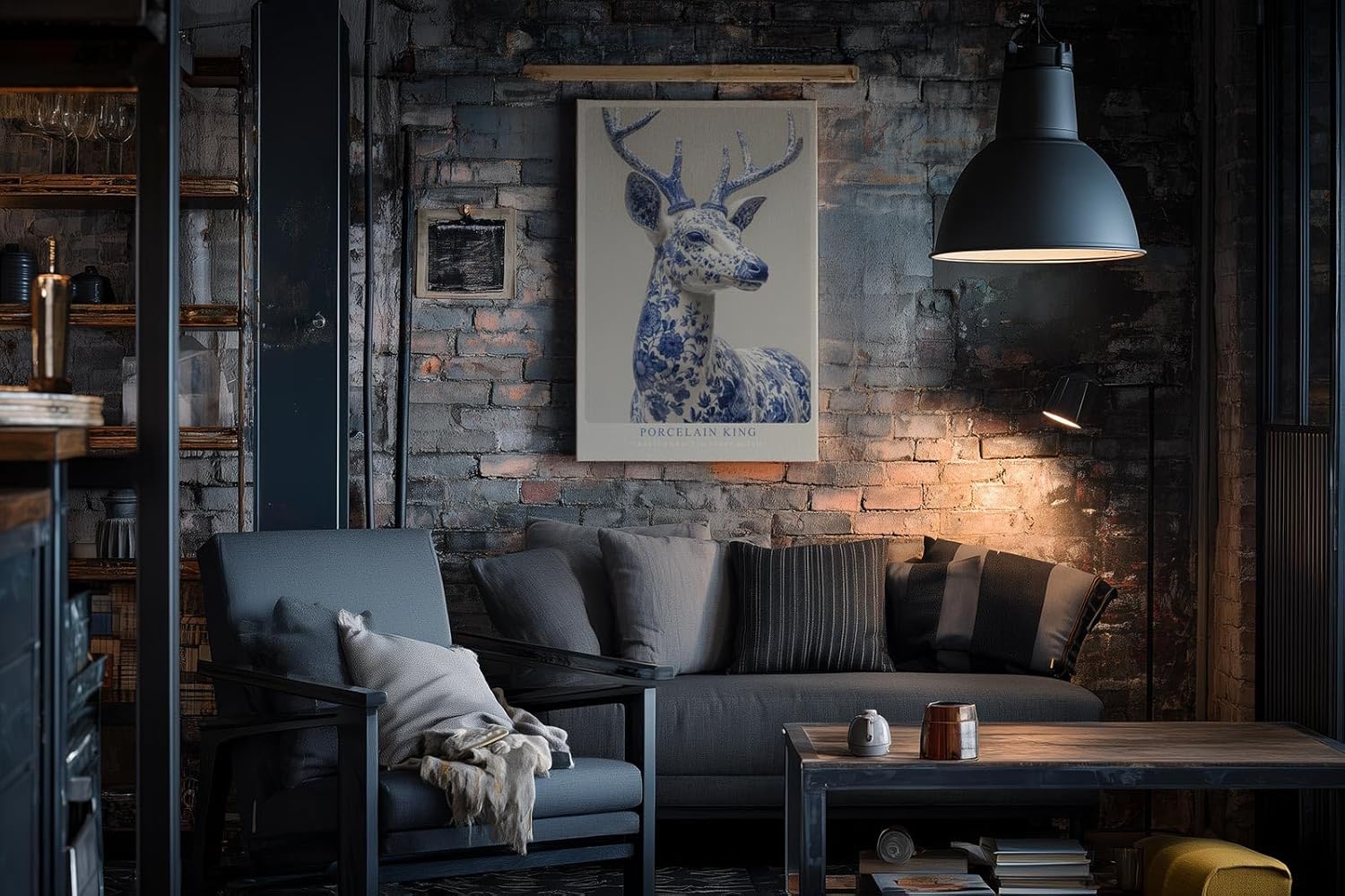 Paul Sinus Wandbild in 40x60cm Porcelain King – majestätischer Hirsch in edler Blau-Weiß-Optik mit detailreicher Porzellanstruktur