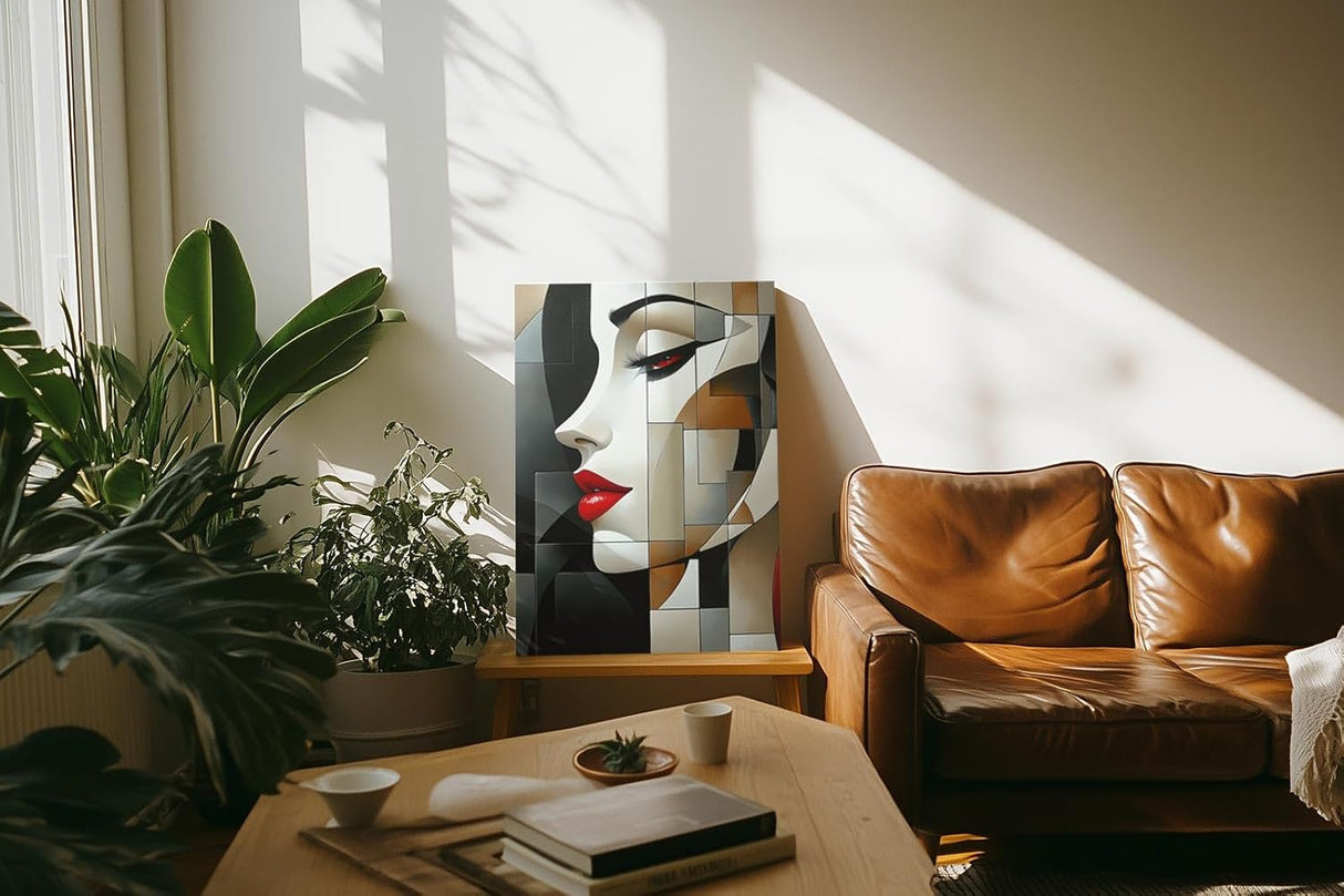 Paul Sinus 60x90cm Wandbild Crimson Beauty – Modernes Frauenporträt in geometrischer Eleganz auf Leinwand Holzrahmen