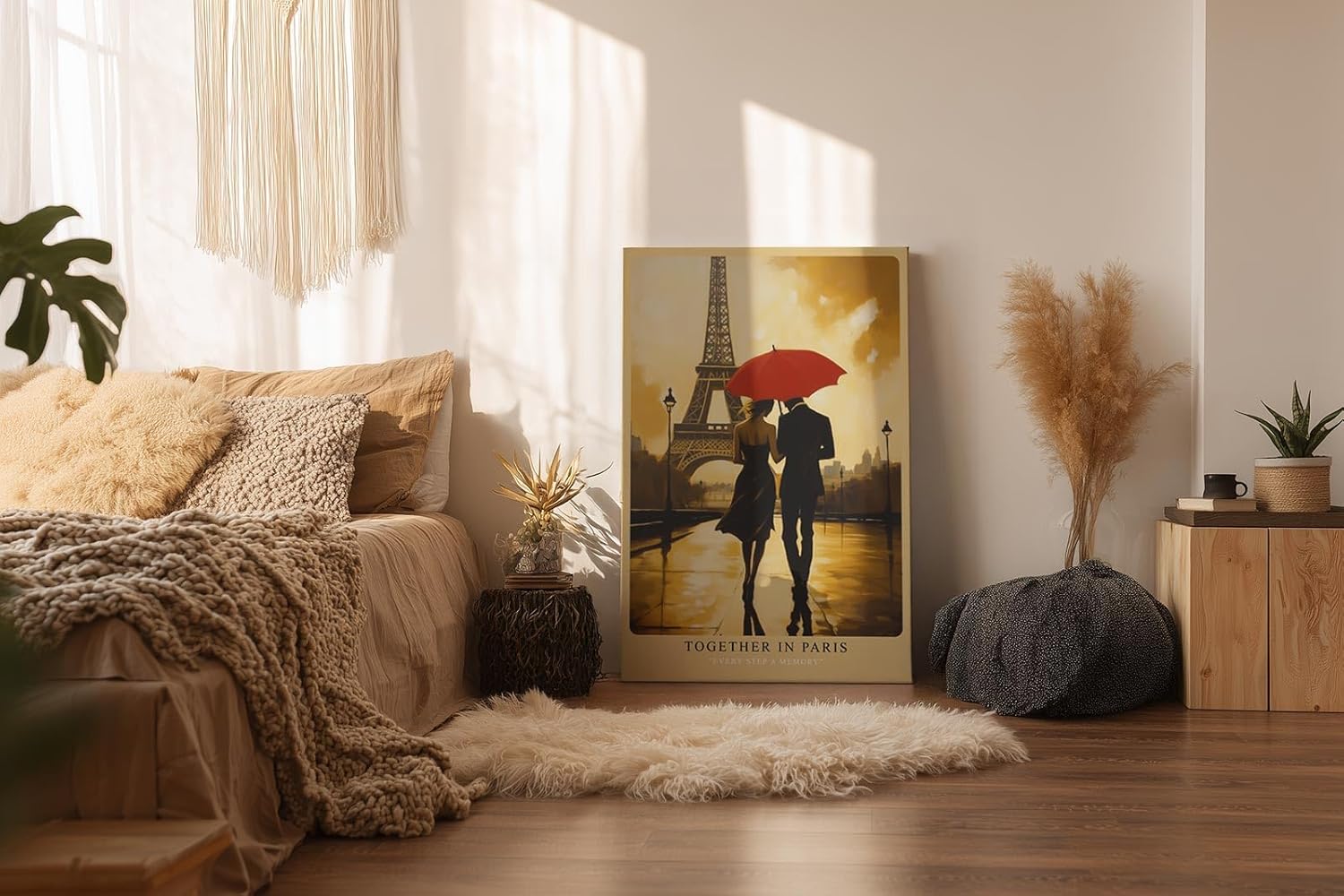 Paul Sinus Wandbild in 40x60cm Together in Paris – romantische Szene eines Paares mit rotem Schirm vor dem Eiffelturm für elegante Raumgestaltung