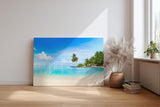 Sinus Art Wandbild 120x80cm Tropische Insel mit Palmen und weißem Sandstrand für entspannende Raumwirkung