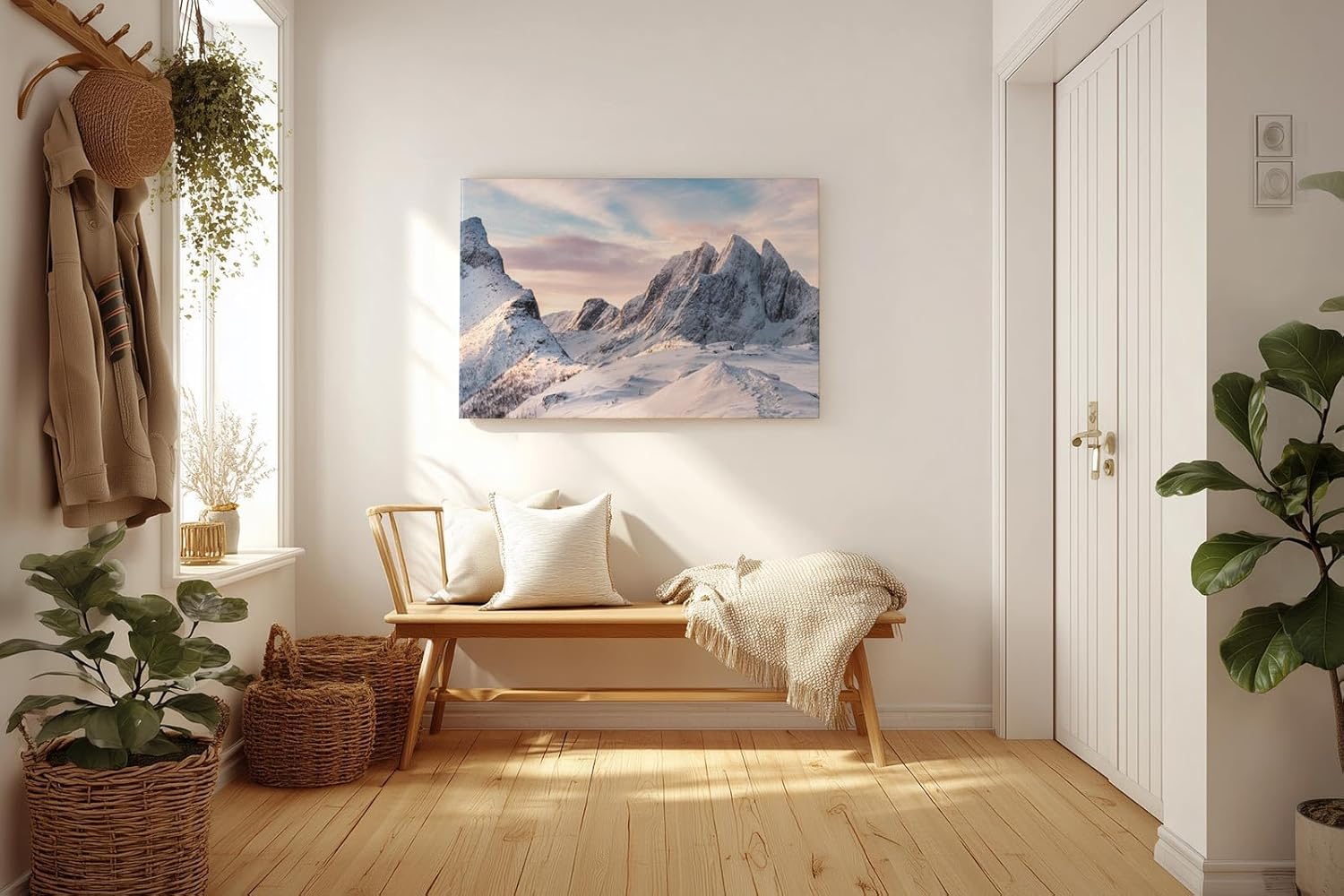 Sinus Art Wandbild 120x80cm Imposante Schneelandschaft mit Sonnenlicht auf Gipfeln für klare und ruhige Raumwirkung