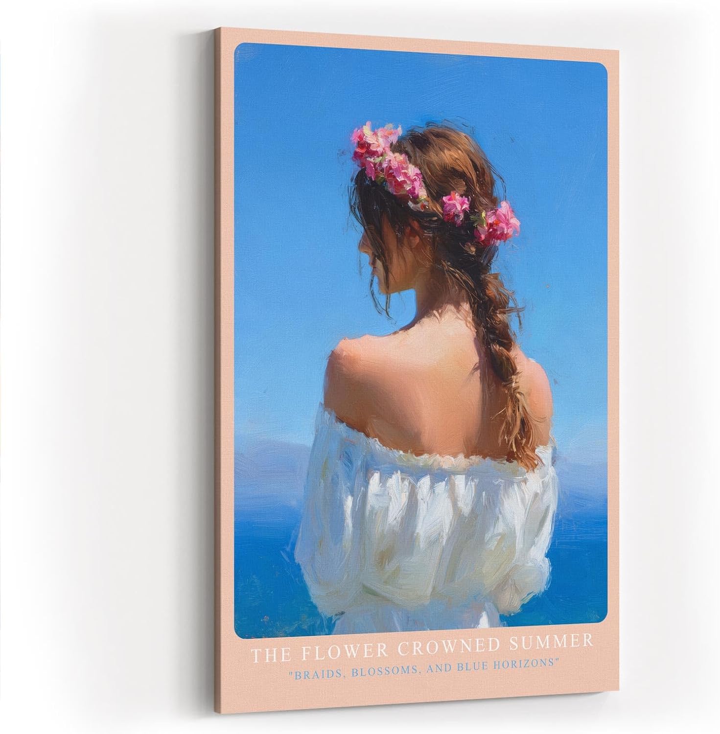 Paul Sinus Wandbild in 40x60cm The Flower Crowned Summer Romantic Woman with Floral Hair Wreath by the Sea in Sunlit Colors
