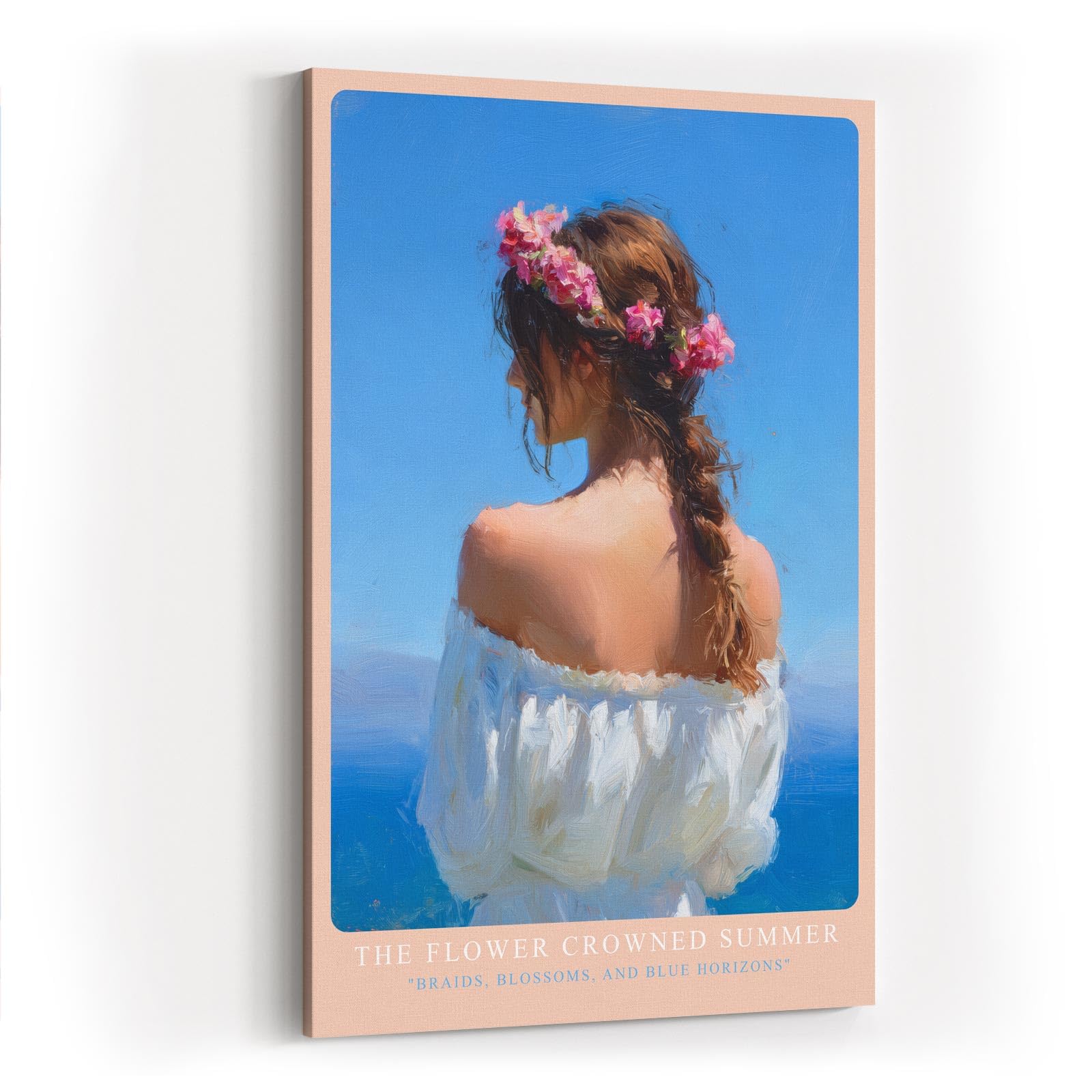 Paul Sinus Wandbild in 40x60cm The Flower Crowned Summer Romantic Woman with Floral Hair Wreath by the Sea in Sunlit Colors