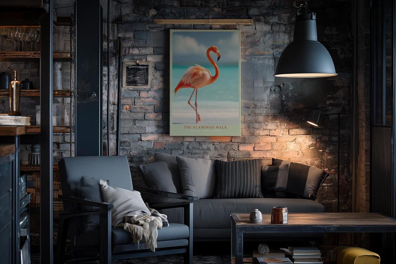 Paul Sinus Wandbild in 40x60cm The Flamingo Walk Eleganter Flamingo am Strand mit türkisfarbenem Meer im Hintergrund für stilvolle Raumgestaltung