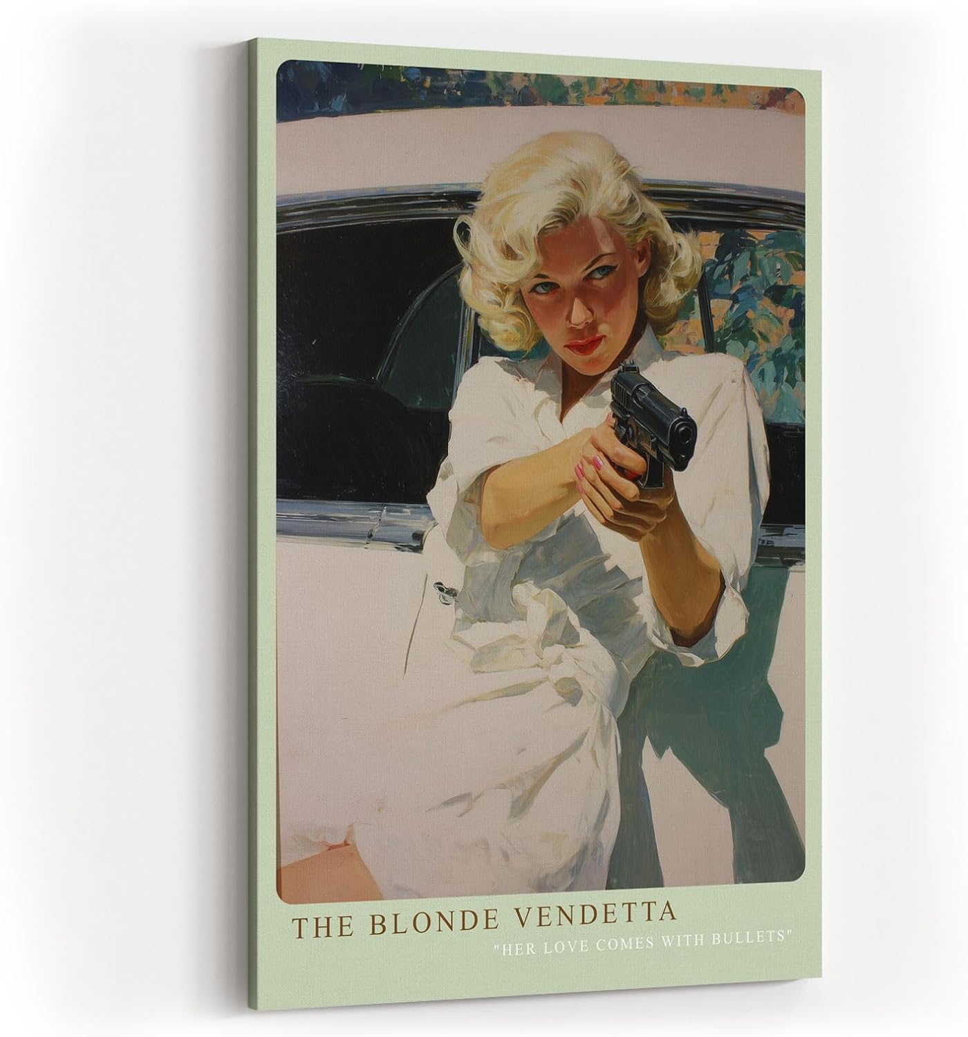 Paul Sinus Wandbild in 40x60cm The Blonde Vendetta – Blonde Frau mit Pistole im Retro-Pin-up-Stil