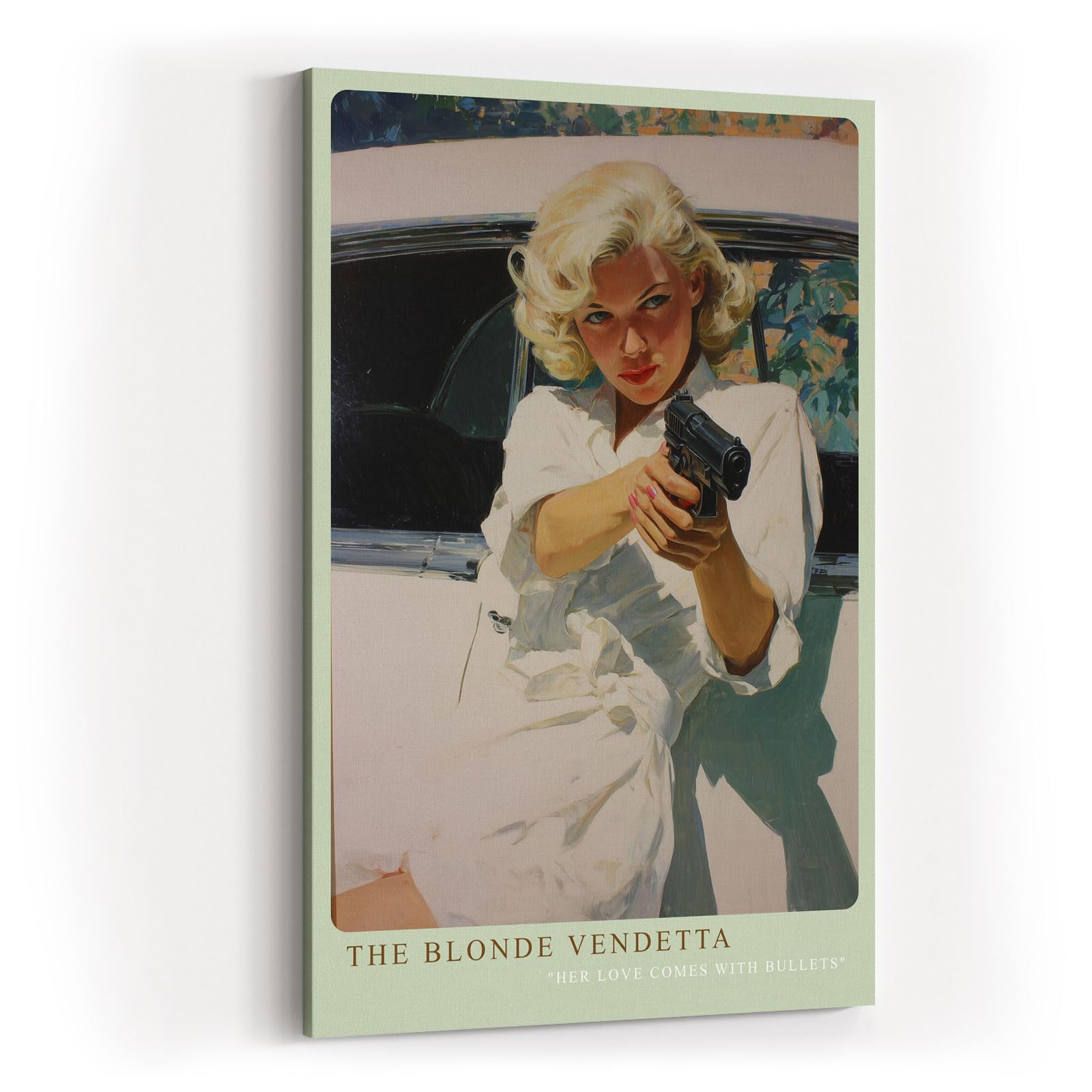 Paul Sinus Wandbild in 40x60cm The Blonde Vendetta – Blonde Frau mit Pistole im Retro-Pin-up-Stil