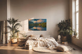 Sinus Art Wandbild 120x80cm Berglandschaft mit Boot auf ruhigem See, umrahmt von Wald und Wolken