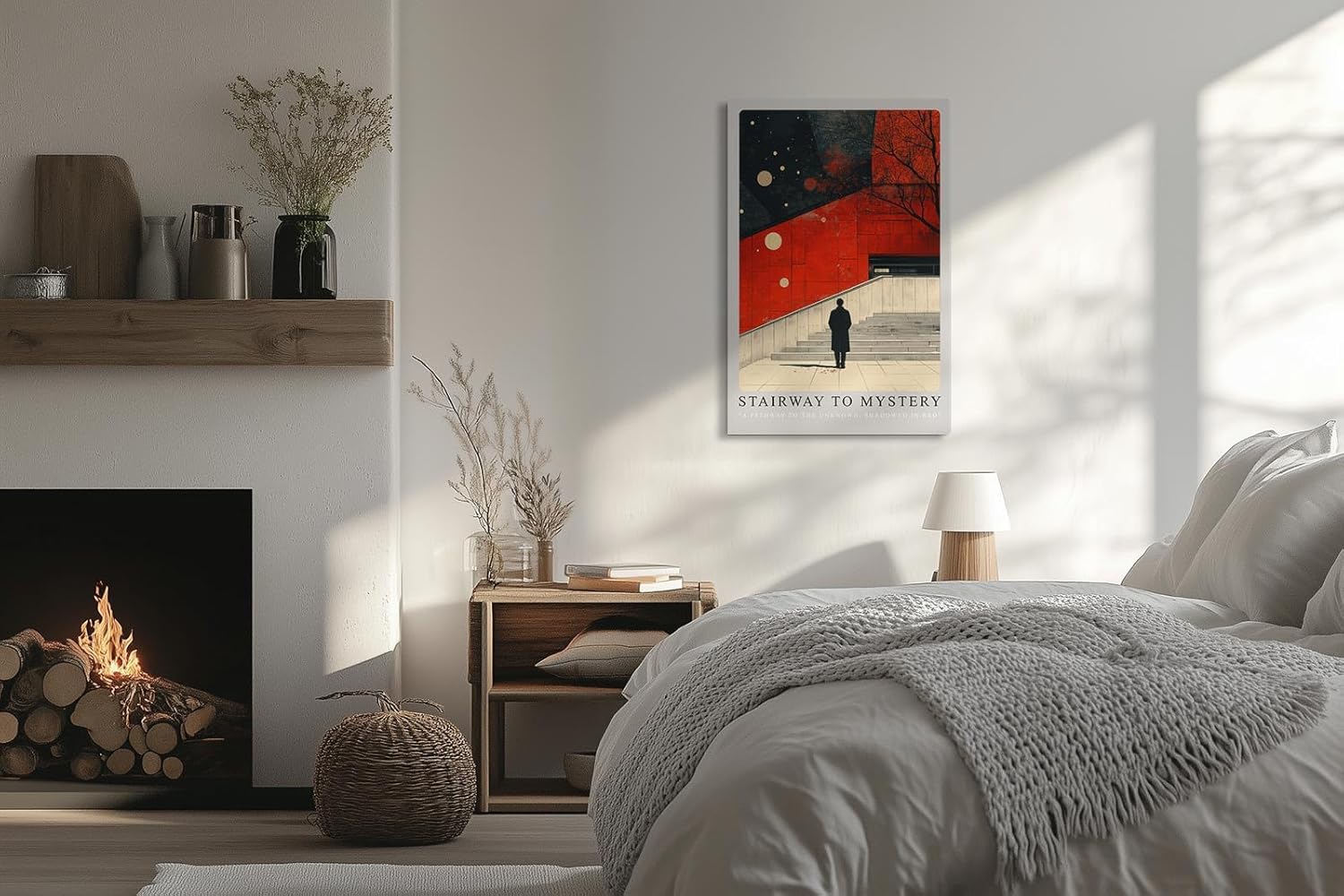 Paul Sinus Leinwandbild 40x60cm Stairway to Mystery Leinwandbild geheimnisvolle Treppe vor roter Wand faszinierende Mischung aus Architektur