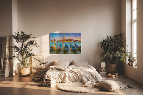 Sinus Art Wandbild 120x80cm Gondeln schaukeln vor San Giorgio Maggiore im warmen Licht der untergehenden Sonne