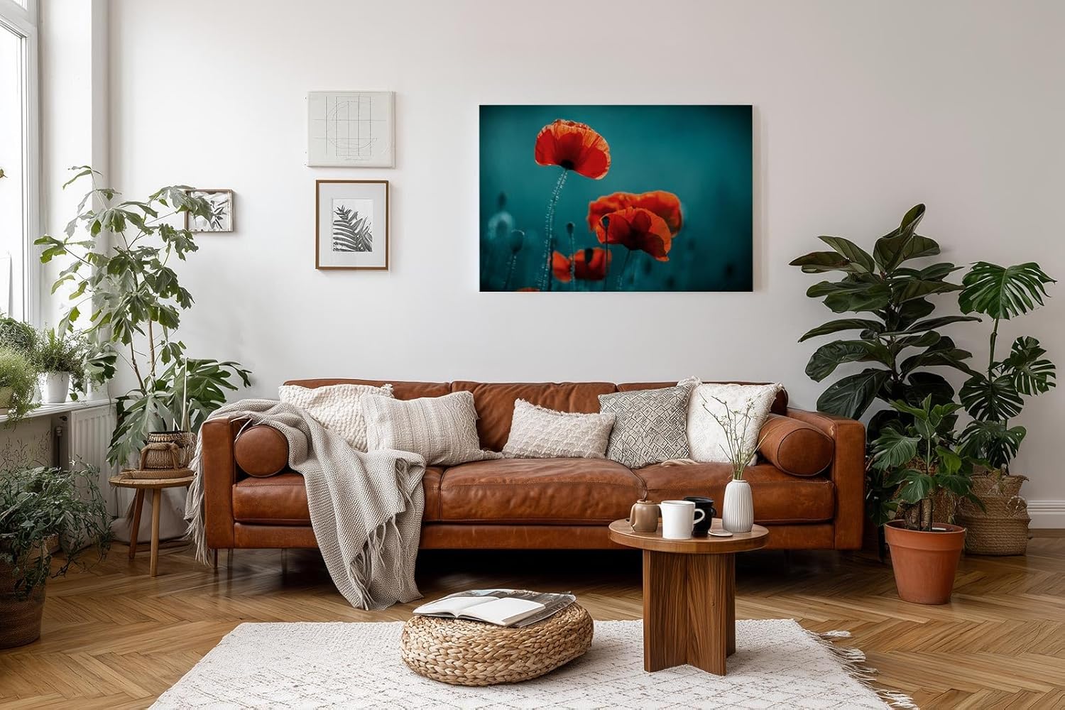 Sinus Art Wandbild 120x80cm Mohnblumen in intensivem Rot auf türkisblauem Hintergrund – modern, kraftvoll, reduziert