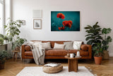 Sinus Art Wandbild 120x80cm Mohnblumen in intensivem Rot auf türkisblauem Hintergrund – modern, kraftvoll, reduziert