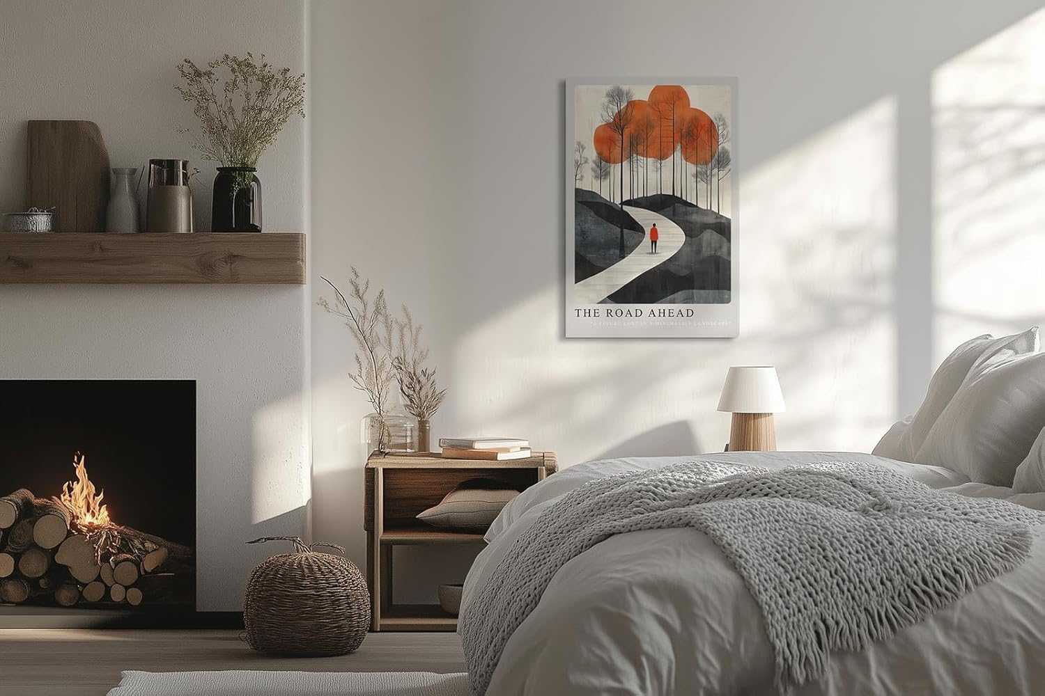 Paul Sinus Leinwandbild 40x60cm The Road Ahead Leinwandbild minimalistisches Landschaftsbild mit Figur im roten Mantel faszinierende Symbolik