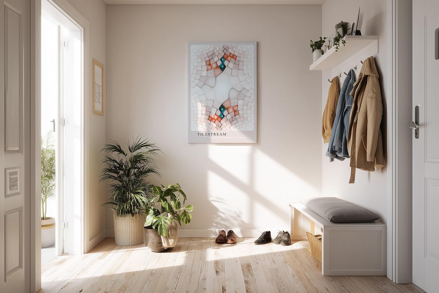 Paul Sinus Kunstdruck 40x60cm Tilestream – Abstrakte Geometrie mit organischem Fluss in Rosé, Weiß und Türkis