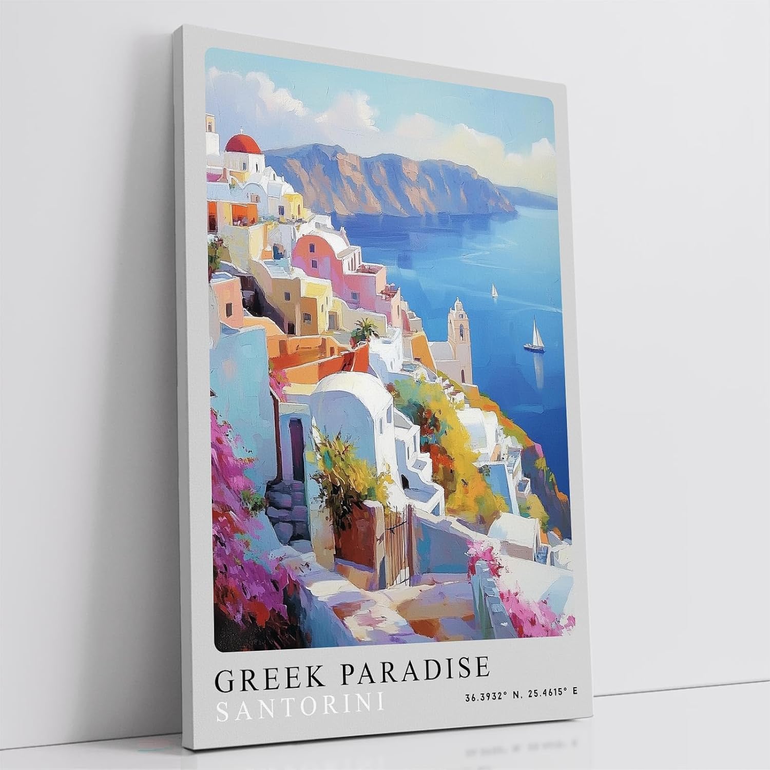 Paul Sinus Leinwandbild 80x120cm Greek Paradise – Santorini, Griechenland, Meer, Insel, Kykladen, Architektur, Blau, Weiß, Romantik, Urlaub, Sommer