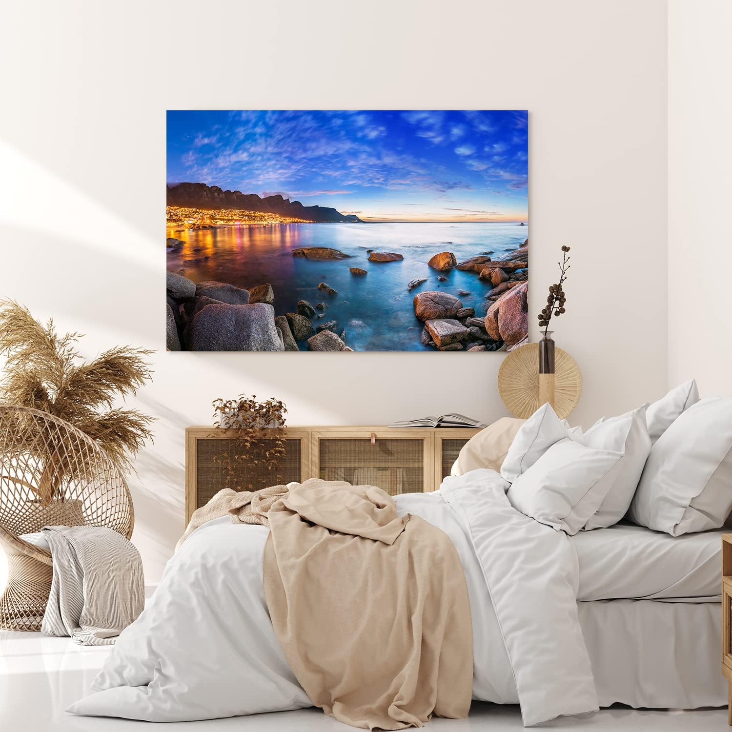 Paul Sinus Wandbild 120x80cm Küstenstadt Meer Felsen Stadtlichter Berge Abenddämmerung