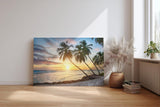 Sinus Art Wandbild 120x80cm Stimmungsvolles Motiv mit Palmen, Sandstrand und Sonnenuntergang – ideal für entspannte Raumgestaltung