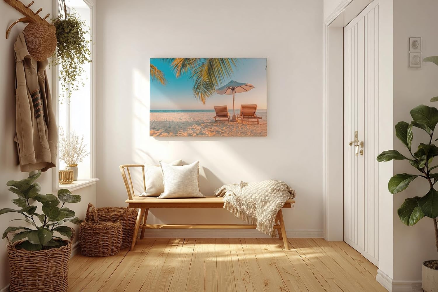 Sinus Art Wandbild 120x80cm Zwei Sonnenliegen am Palmenstrand mit Schirm vor blauem Himmel für entspannte Wirkung