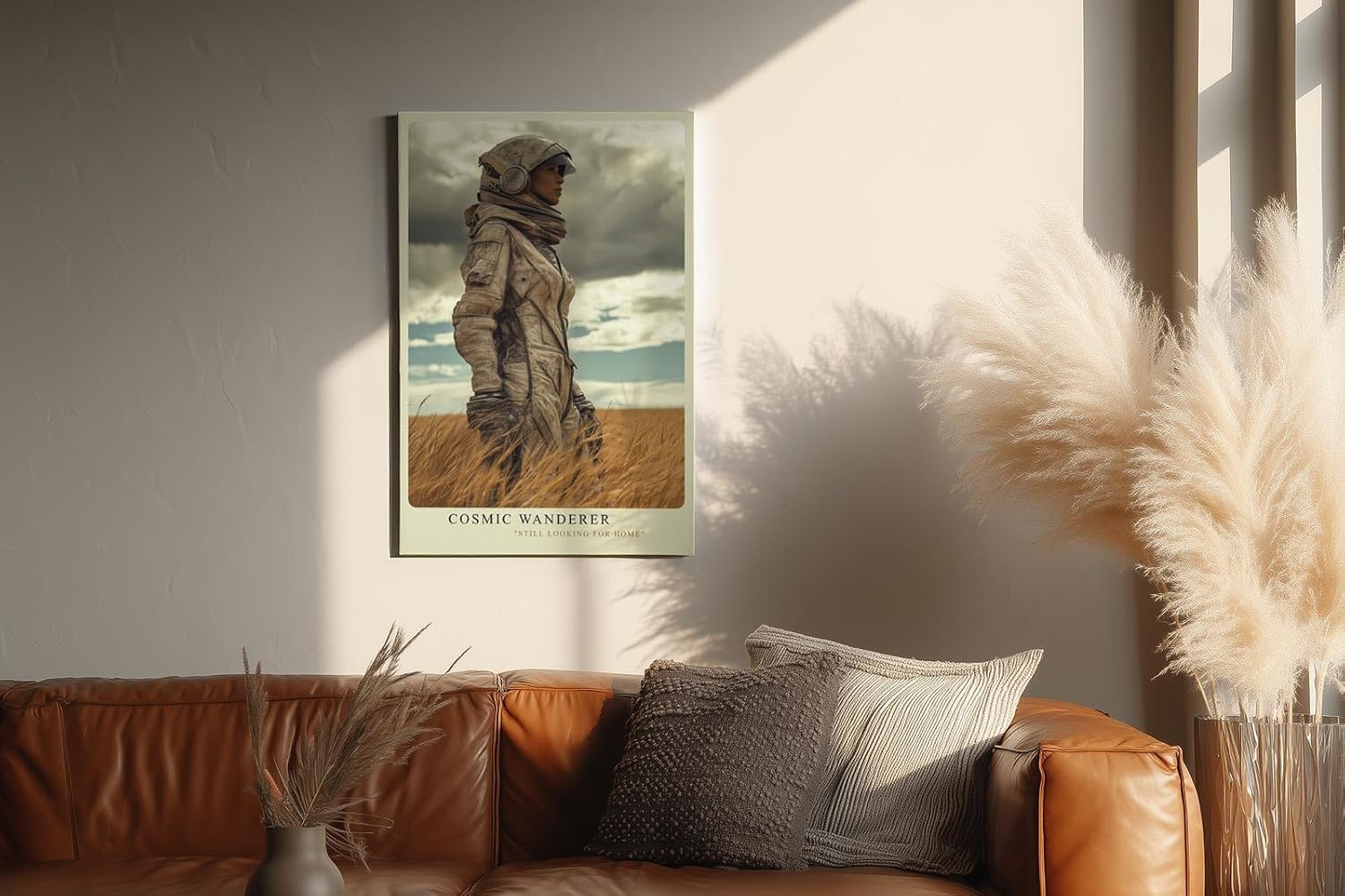 Paul Sinus Wandbild in 40x60cm Cosmic Wanderer – Astronautin in Getreidefeld unter wolkenverhangenem Himmel