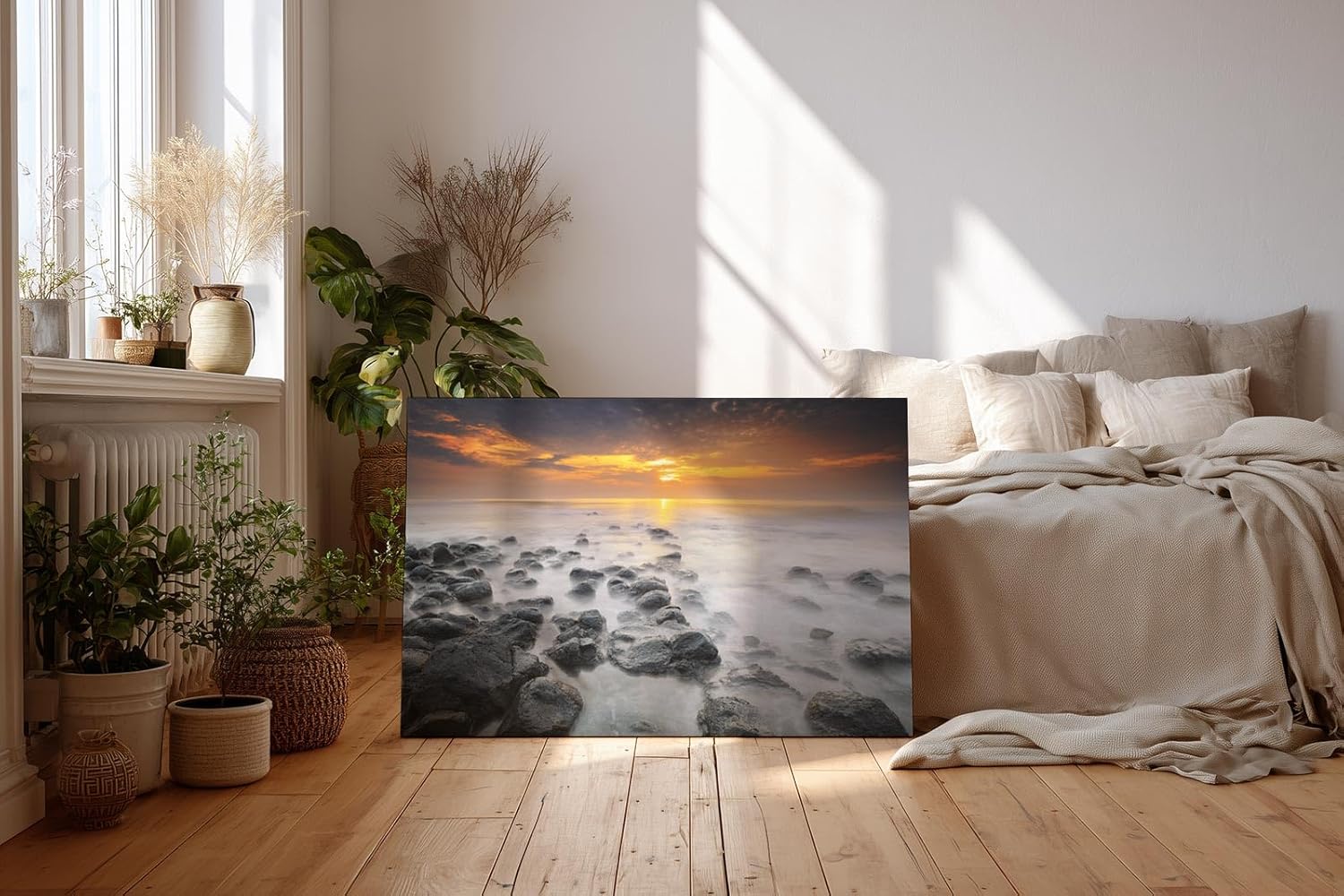 Sinus Art Wandbild 120x80cm Ruhiges Küstenmotiv mit Felsen im Wasser und goldenem Sonnenuntergang