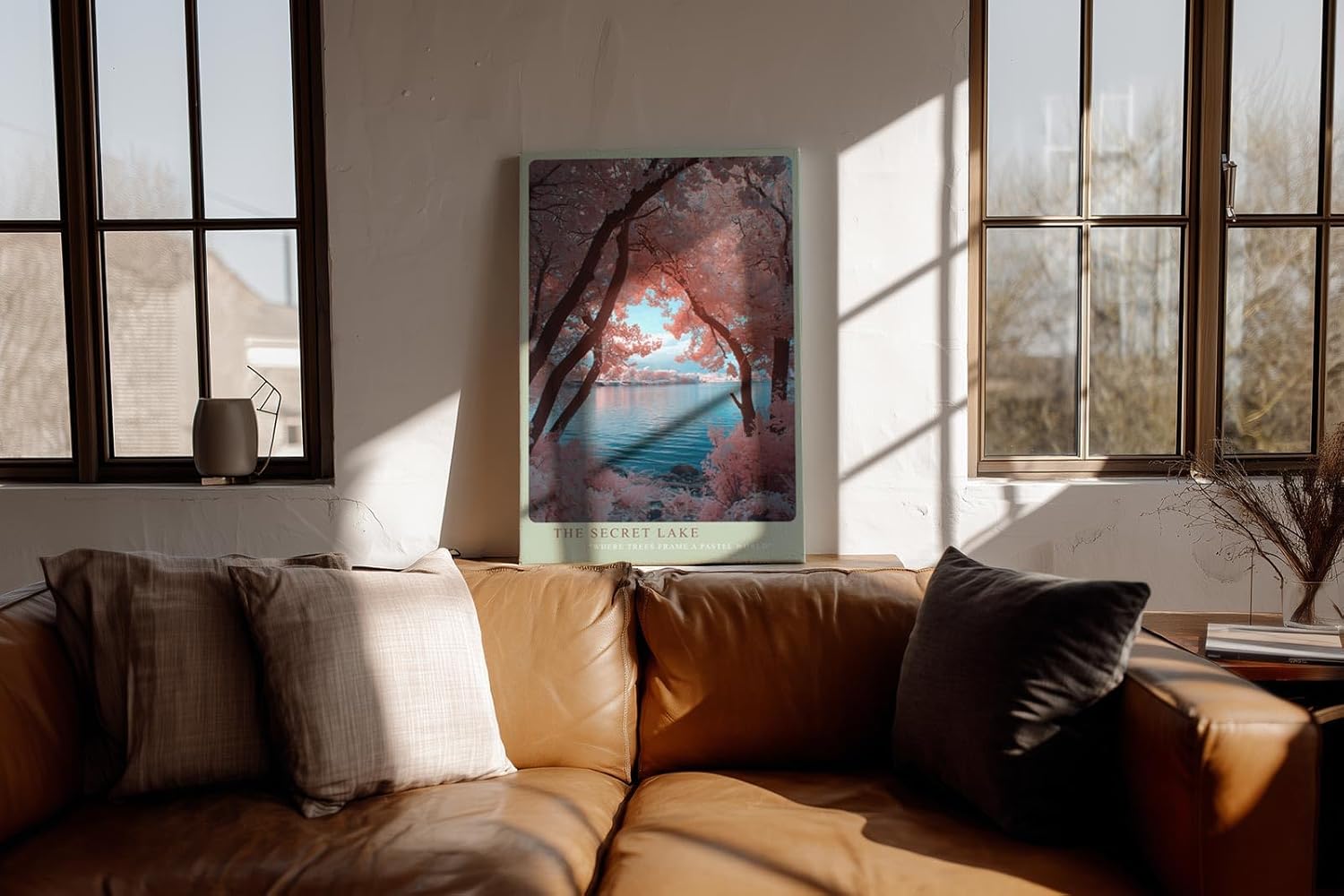 Paul Sinus Wandbild in 40x60cm The Secret Lake – Pastellfarbene Baumlandschaft am See mit romantischem Flair, verträumte Naturkulisse in sanften Tönen