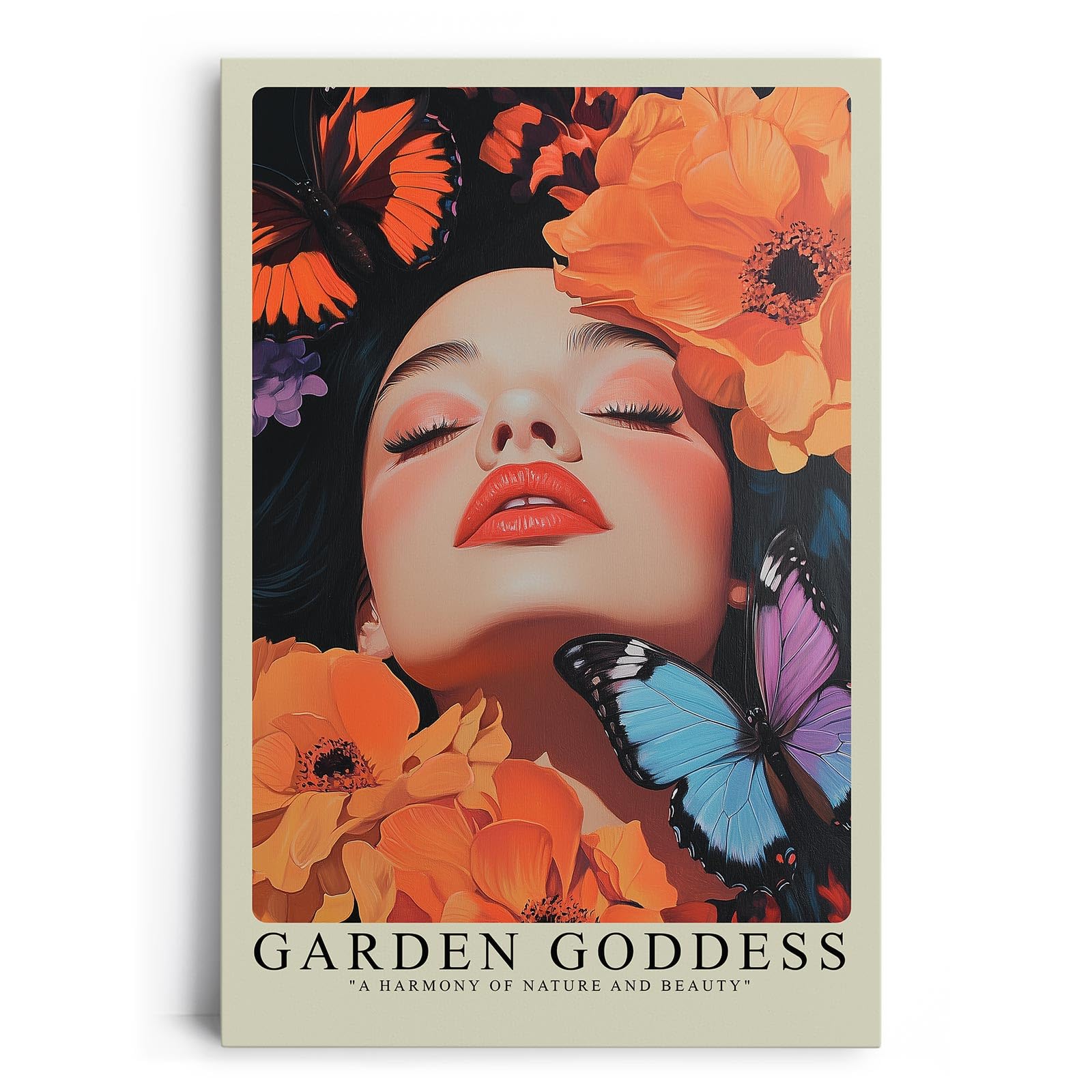 Paul Sinus Leinwandbild 60x90cm Leinwandbild Garten-Göttin – Sinnliches Porträt mit leuchtenden Blüten und Schmetterlingen, harmonische Naturästhetik