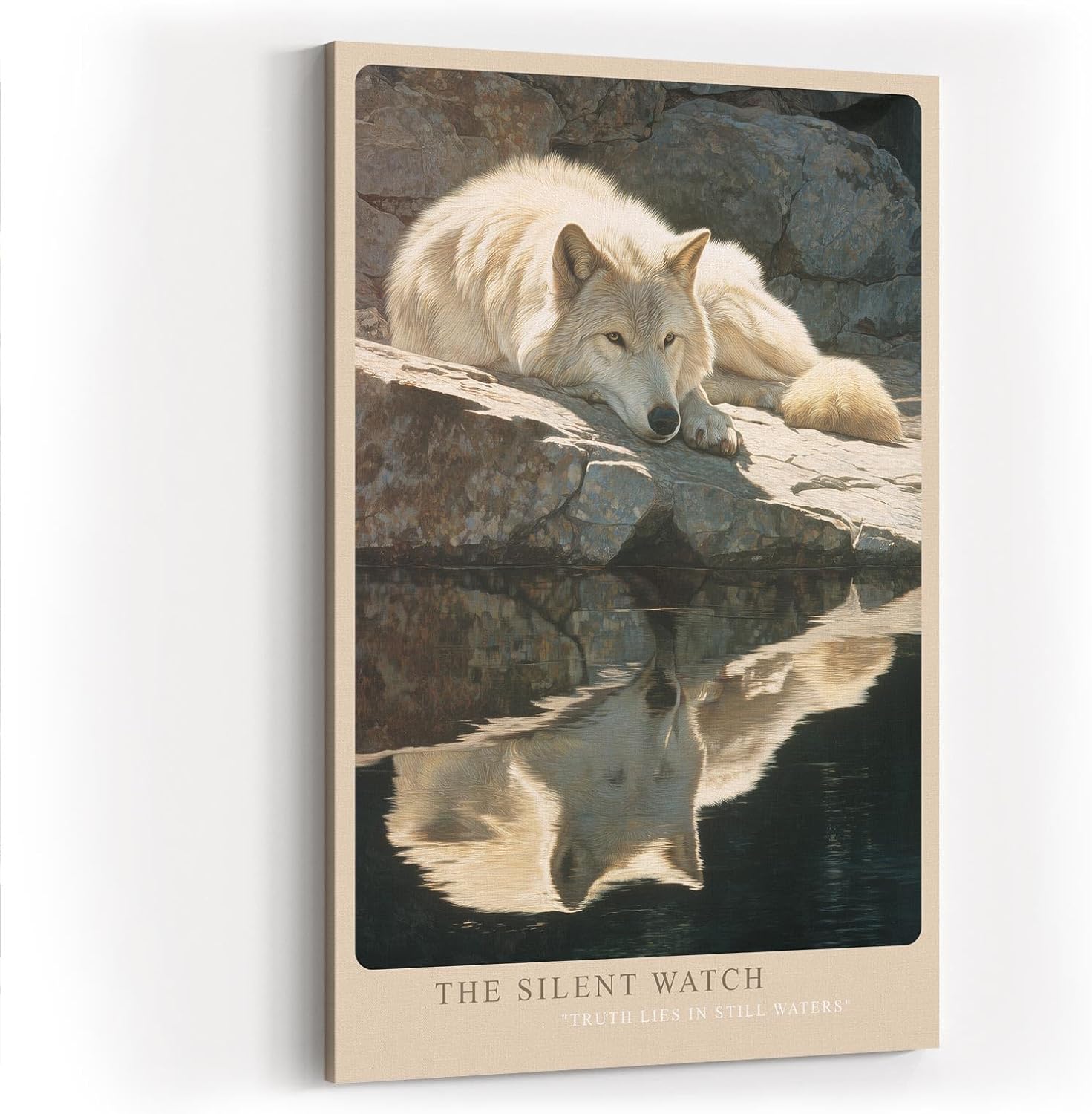Paul Sinus Wandbild in 40x60cm Wolf am Wasser – realistisches Tiermotiv mit ruhiger Spiegelung in natürlicher Umgebung
