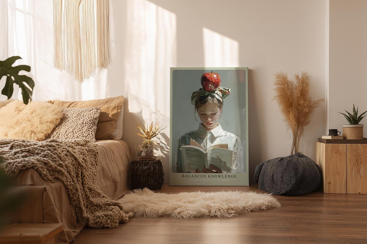 Paul Sinus Wandbild in 40x60cm Balanced Knowledge – Kreatives Porträt einer jungen Frau mit Apfel auf dem Kopf, vertieft ins Lesen, moderne Bilder mit ausdrucksstarker Komposition