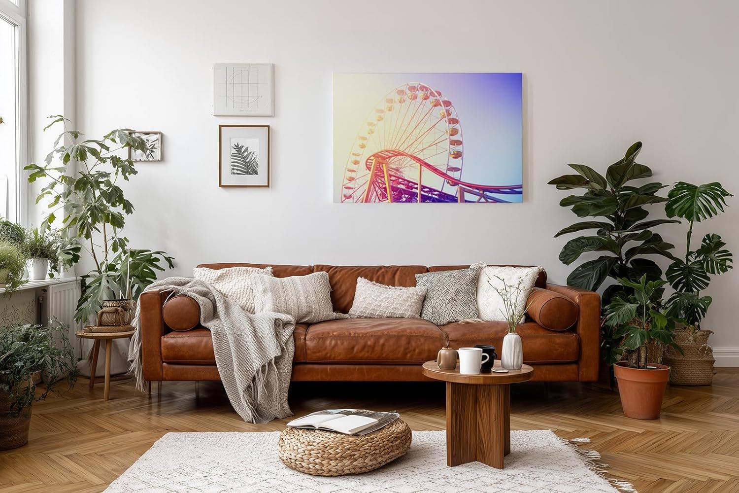 Sinus Art Wandbild 120x80cm Farbenfrohes Riesenrad mit Achterbahn im Vordergrund für nostalgische Dynamik