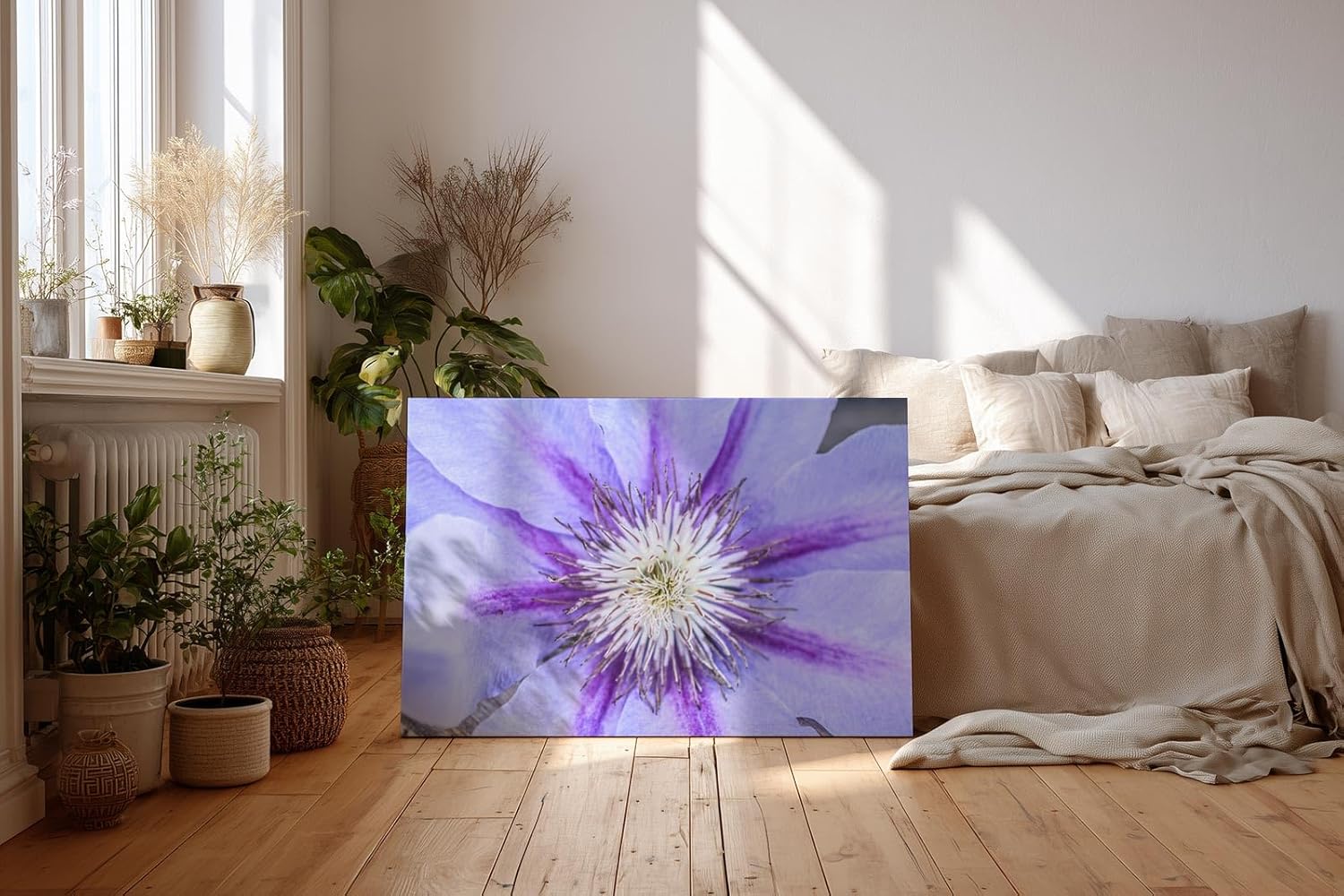 Sinus Art Wandbild 120x80cm Detailreiche Darstellung einer Clematisblüte in Violett mit weißem Zentrum